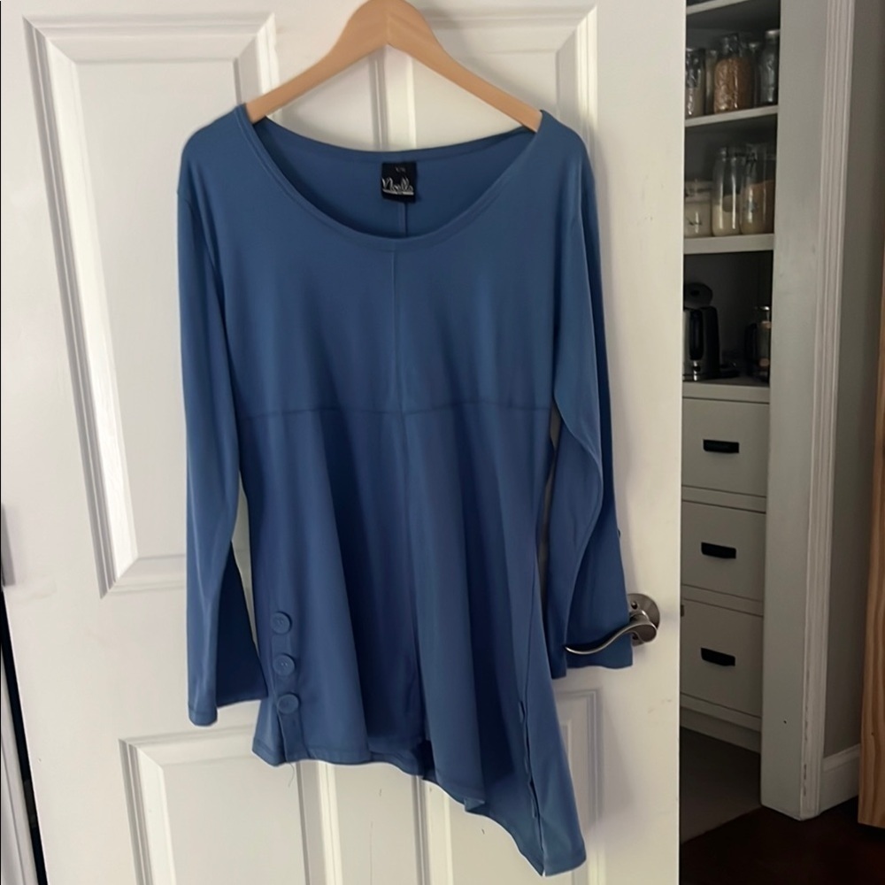 Noelle Blue Asymmetrical Tunic with button detail size l/XL